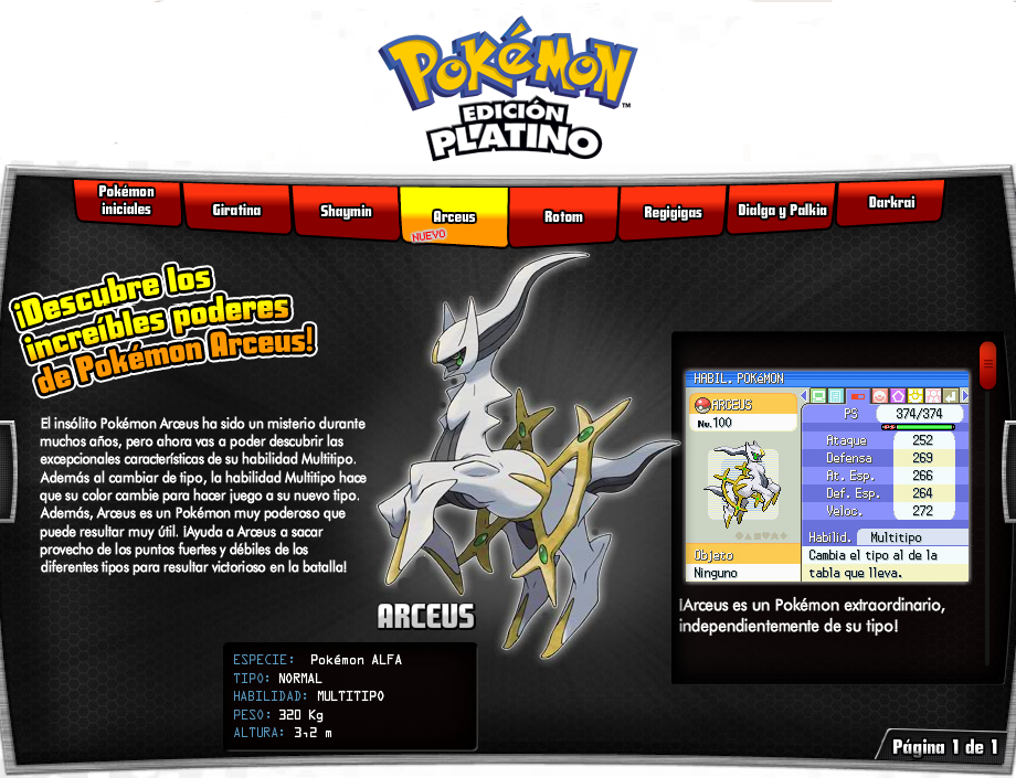 Web oficial de Pokémon Platino España presenta a Arceus