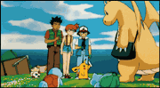 Ash, Brock, Misty, Pikachu y Dragonite