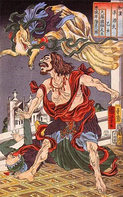 Grabado japonés de un kitsune de nueve colas