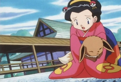 Chicas Kimono junto a Eevee y sus evoluciones, en el anime.