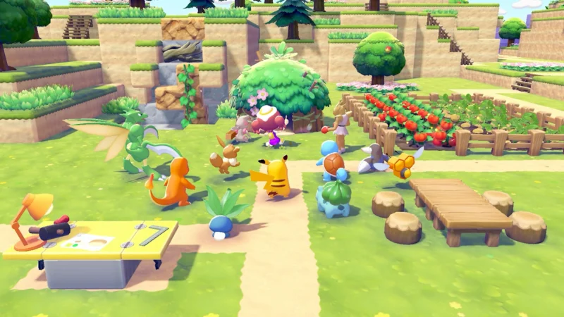 Ditto rodeado de Pokémon en Pokémon Pokopia
