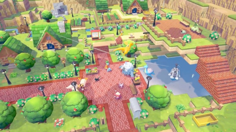 Vista aérea de un pueblo reconstruido en Pokémon Pokopia