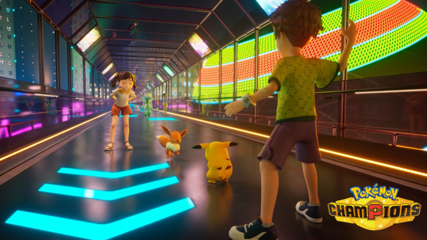 Entrenadores junto a sus Pokémon, Pikachu y Eevee en Pokémon Champions