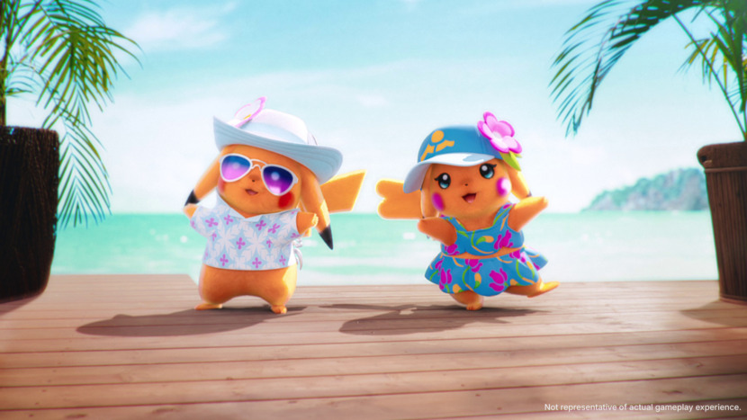 El Sr. Vientachu y la Sra. Olachu, dos Pikachu con ropa de playa, en un muelle