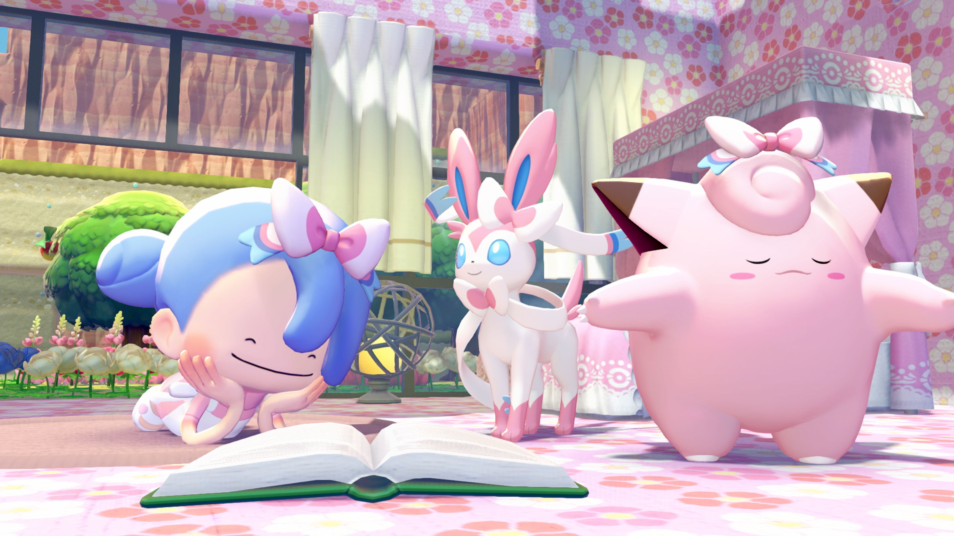 Parte 2 del Pase de Expansión de Pokémon Pokopia para Nintendo Switch 2 con Ditto, Sylveon y Clefairy vistiendo accesorios